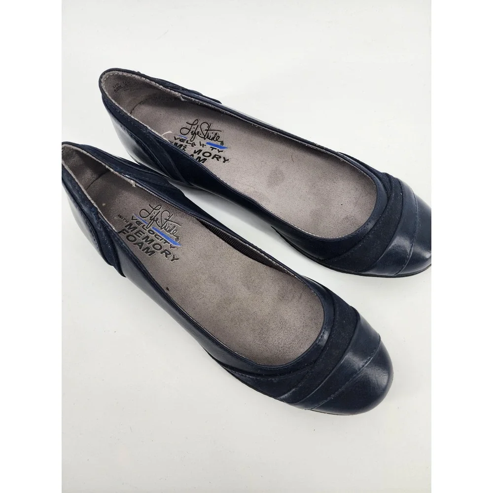 LifeStride Alchemy Womens Navy Wedge‎ Heels Memory Foam Shoes